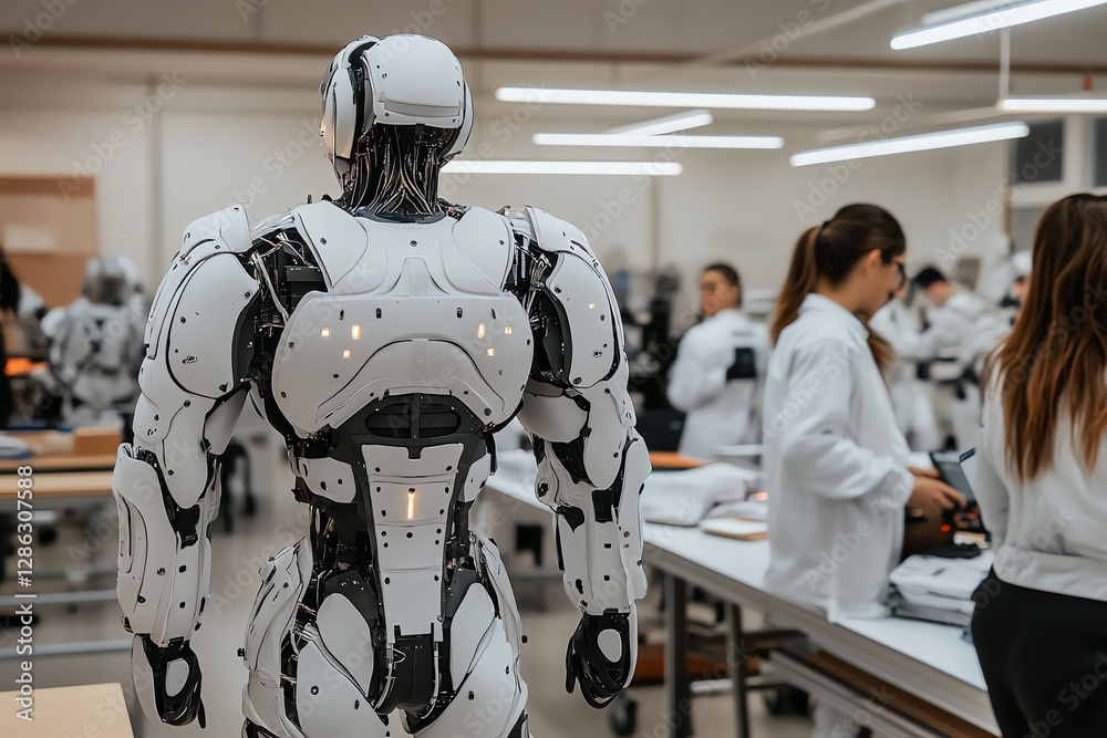 Aufkleber advanced robot in tech lab with engineers