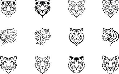Twelve Tiger Head Designs Line Art, Logos, and Illustrations