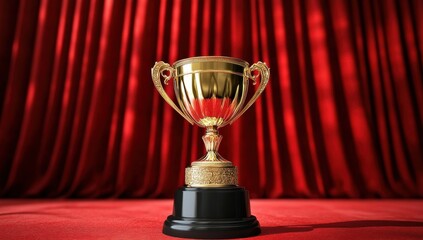 Golden Trophy on theater stage: A shiny golden trophy sits atop a vibrant red pedestal, Concept for Winner , embodying success and achievement, ready to be awarded and celebrated.
