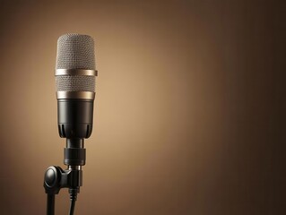 A professional microphone on a stand, ideal for recording and broadcasting in a studio or live setting. Microphone in studio system concept.