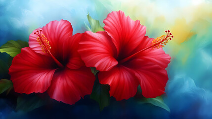 Vibrant red hibiscus flowers bloom against a soft blue background, adding a splash of color and tropical essence to any space.