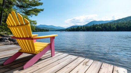 A unique pink and yellow Adirondack chair rests on a dock above a serene lake surrounded by mountains and lush forest, offering a colorful touch to the tranquil setting.