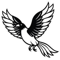 A black bird in flight featuring wings, a symbol of peace. A tribal art of nature vector silhouette illustration. 
