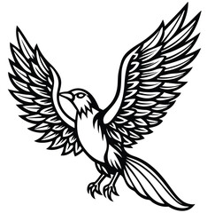 A black bird in flight featuring wings, a symbol of peace. A tribal art of nature vector silhouette illustration.