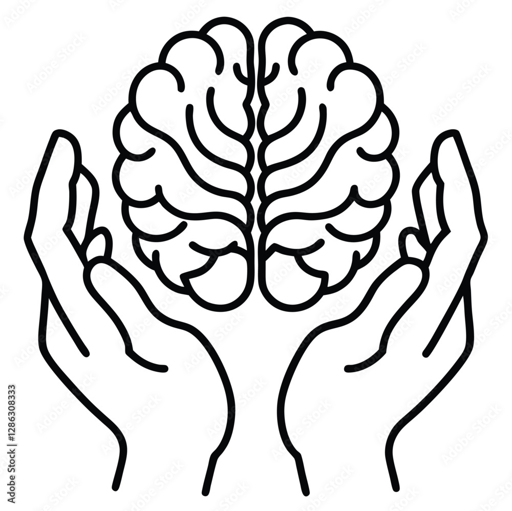 Poster the human brain is protected by hands. human hand with brain, fingers showing power sign. element of