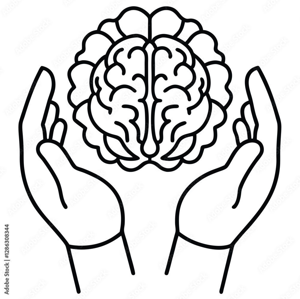 Poster the human brain is protected by hands. human hand with brain, fingers showing power sign. element of