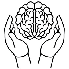 The human brain is protected by hands. Human hand with brain, fingers showing power sign. Element of idea and solutions for mobile concept and web apps. Thin line icon for website app development. 