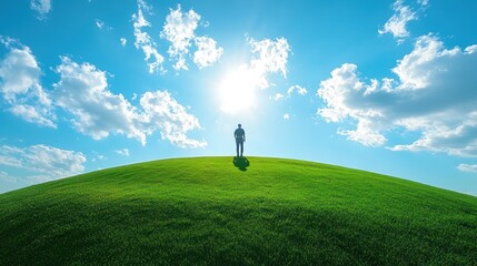 Man Standing on Green Hill Under Bright Sun and Cloudy Blue Sky