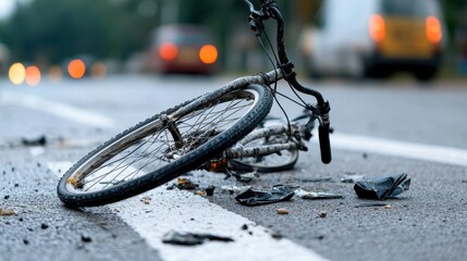 A broken bicycle lies in a disheveled state on the urban pavement, presenting a cautionary tale of road safety and urban cycling amidst the hustle and bustle of city life.