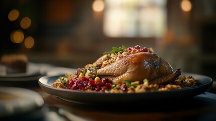 Roasted Chicken with Cranberry Sauce and Stuffing on Dark Plate