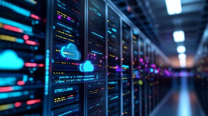 Naklejka premium Server Room with Cloud Computing