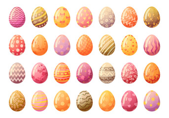 Easter eggs. Cartoon spring holiday painted eggs, Happy Easter colorful decorative eggs flat vector illustration set. Traditional painted eggs on white background
