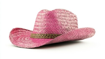 Pink Straw Cowboy Hat Isolated - Summer fashion, western , sun protection, casual wear, feminine accessory. Pink straw cowboy hat isolated on white background