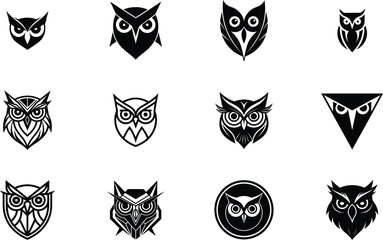 Twelve Stylish Owl Logo Designs Black and White Vector Icons