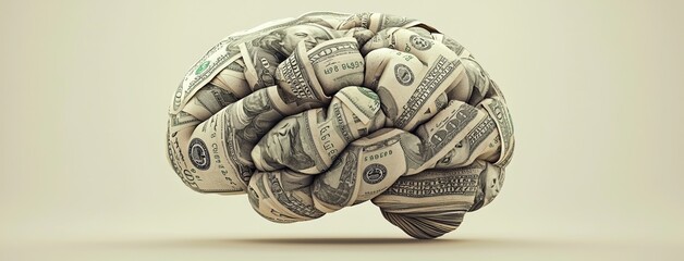 brain made of dollar bills symbolizes concept of financial intelligence and economic thinking