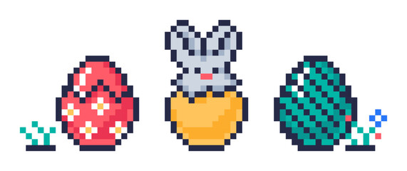 Spring holiday pixel painted eggs. Easter 8bit eggs icons, chicken pixel arcade game eggs flat vector illustration set. Easter egg hunt game elements