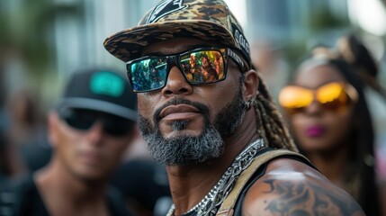 A confident man with a unique cap and reflective sunglasses stares into the camera, surrounded by an energetic crowd, capturing the essence of modern lifestyle and events.