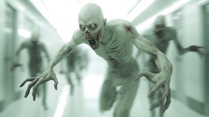 A scary ghost creature with sharp claws, glowing eyes, and a terrifying form is running from the front. The scene features a gripping dynamic motion blur effect