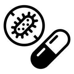 A medical icon representing bacteria and an antibiotic pill symbolizing infection treatment and healthcare.
