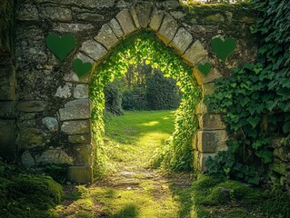 Vibrant archway covered in lush greenery leading to a sunlit garden.
