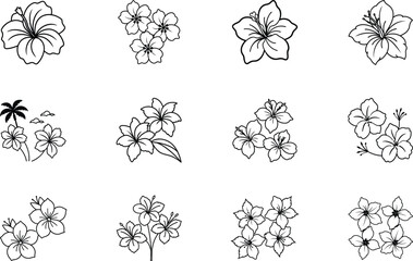Hibiscus Flower Line Art Designs Tropical Floral Icons Set