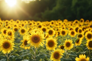Obraz premium A vibrant field of sunflowers basking in sunlight during golden hour.