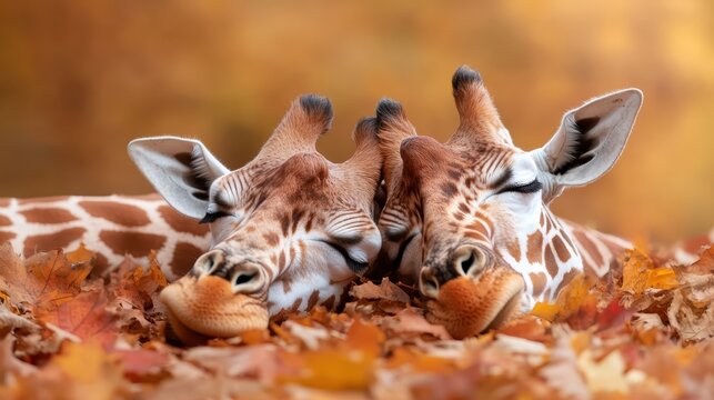 This heartwarming image features two giraffes resting closely together, their eyes closed, surrounded by vibrant autumn leaves that create a cozy woodland atmosphere.
