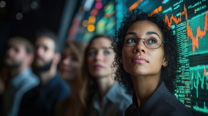 diverse group of people analyzing stock market trends on digital screen, focused and engaged