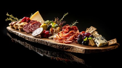 Rustic Wooden Charcuterie Board with Assorted Meats, Cheeses, and Fruits featuring Elegant Displaying Techniques on Dark Background. High Resolution Food Photography. Gourmet Presentation. Serving