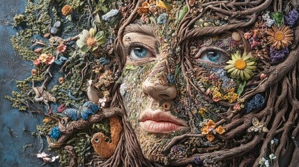 Obraz premium Nature Woman Face Art Flowers Roots and Texture