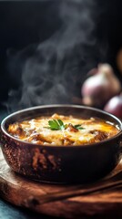 Savory Onion Soup in Bowl on Board With Cheese Toppings and Garnishings and Herbs On Wooden Plank and Dark Backgrounds with Warm Lighting and Aromatics and Savory Flavor With Golden Melted Cheeses