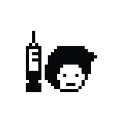 Fototapeta premium Pixel cartoon 8bit character man boy sad tired sick feel syringe treat care decoration 8 bit male man sick 8bit isolated PNG vector.