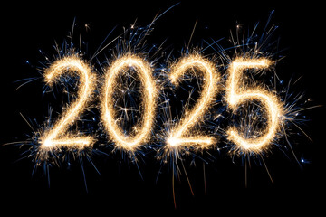 The year 2025 written in sparkling fireworks against a black background, symbolizing celebration and New Year festivities.