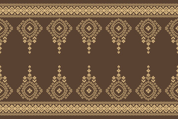 Fabric pattern traditional ethnic motif ikat geometric cross stitch.Ikat embroidery Ethnic oriental Pixel brown color label background. Abstract,vector. Texture,decoration,wallpaper.