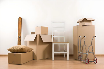 Cardboard Moving Boxes Arranged on Wooden Floor in Empty Room. Several open and closed cardboard boxes on a wooden floor symbolize moving and relocation.