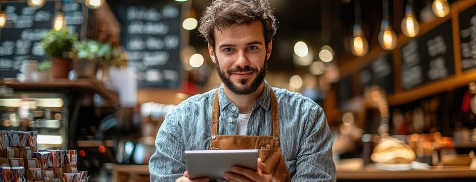 young entrepreneur in cozy cafe, holding tablet and smiling confidently, surrounded by warm lighting and welcoming atmosphere