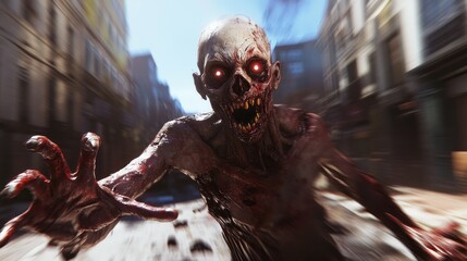 A scary ghost creature with sharp claws, glowing eyes, and a terrifying form is running from the front. The scene features a gripping dynamic motion blur effect
