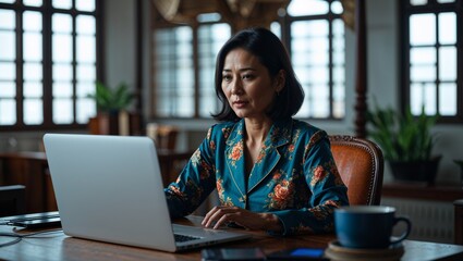 A middle aged East Asian woman managing virtual teambuilding activities online