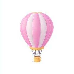 A cute, pink and white hot air balloon, designed for decoration or play, featuring a classic shape with a golden base and delicate wire supports.