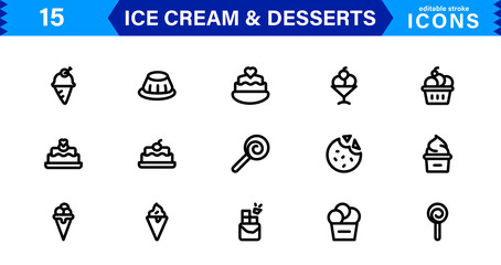 Ice Cream and Desserts Icon Set. Delicious Vector Icons for Sweets, Bakery, and Frozen Treats Designs