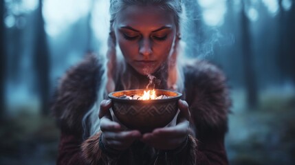 A determined Viking woman clad in fur and metal armor holds a wooden bowl of glowing embers while surrounded by a misty forest, evoking ancient mysticism