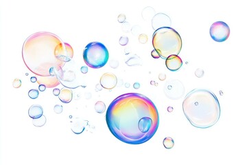 Colorful soap bubbles floating in the air against a white background, perfect for vibrant designs or playful themes emphasizing joy and lightness