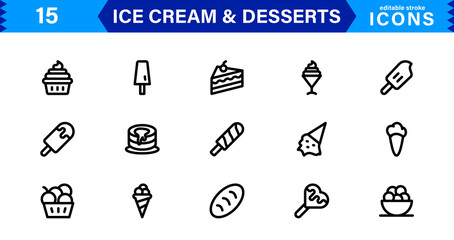 Ice Cream and Desserts Icon Set. Delicious Vector Icons for Sweets, Bakery, and Frozen Treats Designs