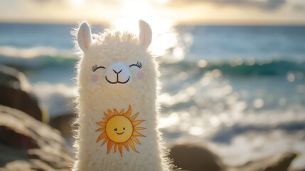 A llama plushie with a sun and moon pattern symbolizing day and night on beach background
