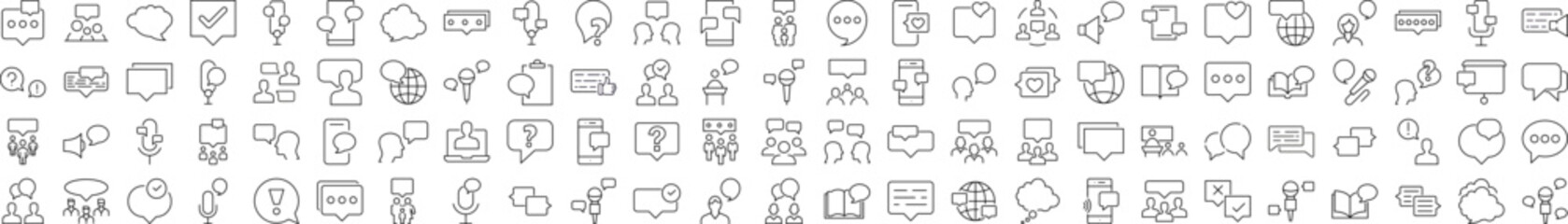 Talking and Dialogue Line Icon Collection. Speech Bubble Outline Signs for Graphic and Web Design, Apps, Adverts, Various Cards