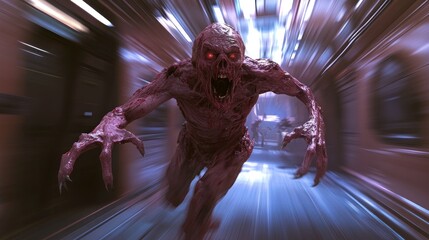 A scary ghost creature with sharp claws, glowing eyes, and a terrifying form is running from the front. The scene features a gripping dynamic motion blur effect