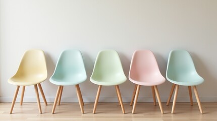 Peaceful Pastel Chairs Lined Against White Wall in Modern Room