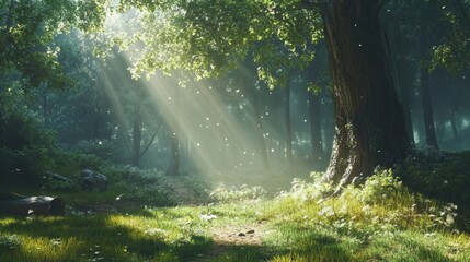 Fototapeta premium Sunbeams Dancing Through Enchanting Forest