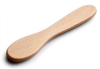 Light brown wooden ice cream spoon isolated on white background, close up studio shot
