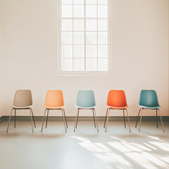 Obraz premium A row of colorful chairs stands against a wall with a large window, casting soft light on the floor in a minimalist setting.